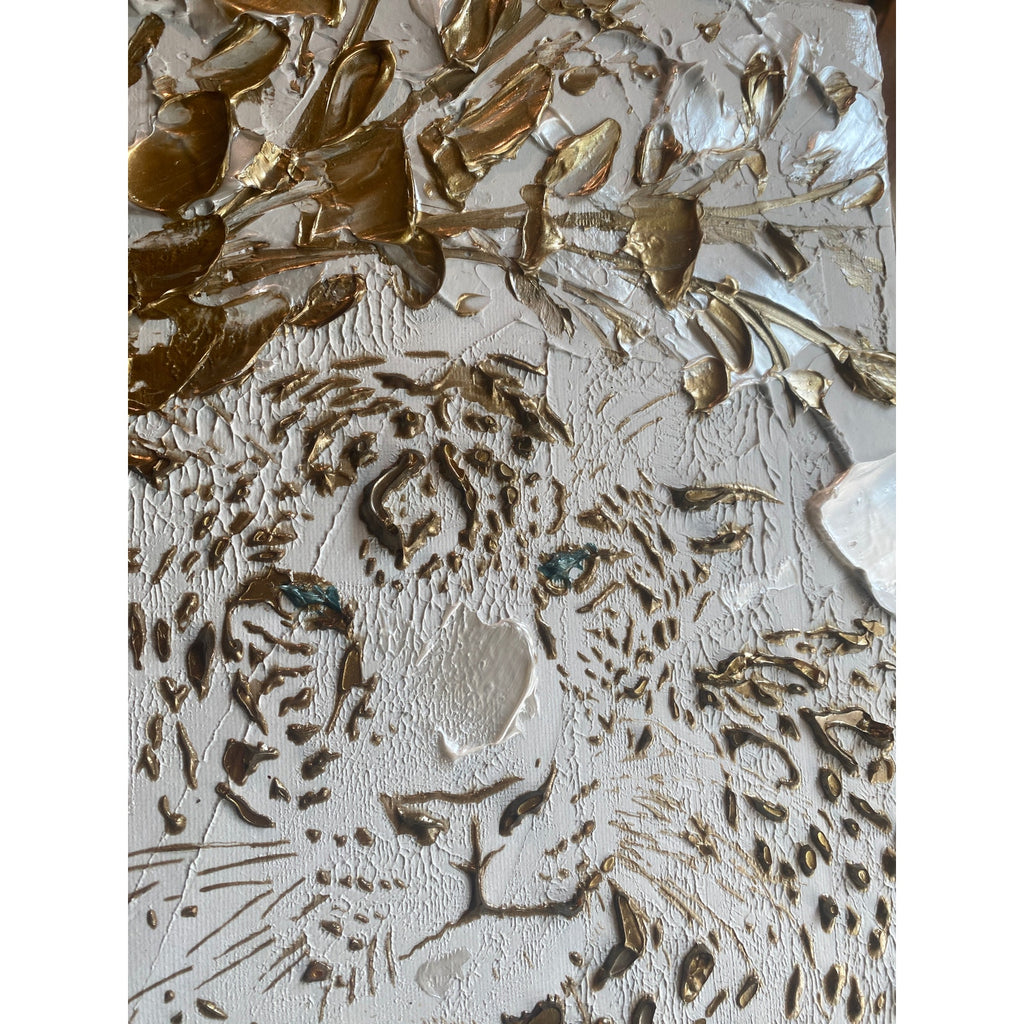 Leopard, Big Cat Animal Painting Abstract ORIGINAL Art White & Gold Textured painting, Handmade wall art