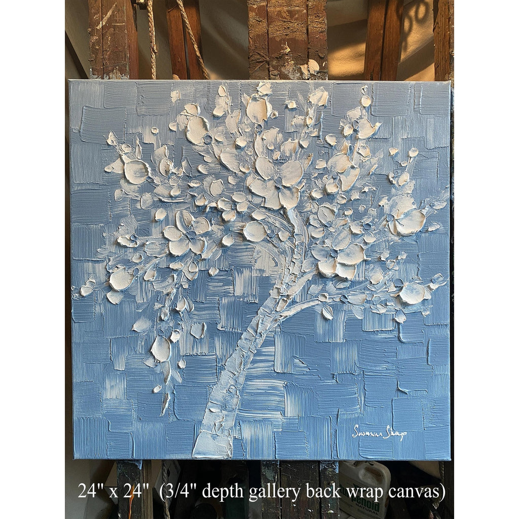 Wedgewood Blue Original Palette Knife Impasto Painting: White Cherry Blossoms tree (24"x24")