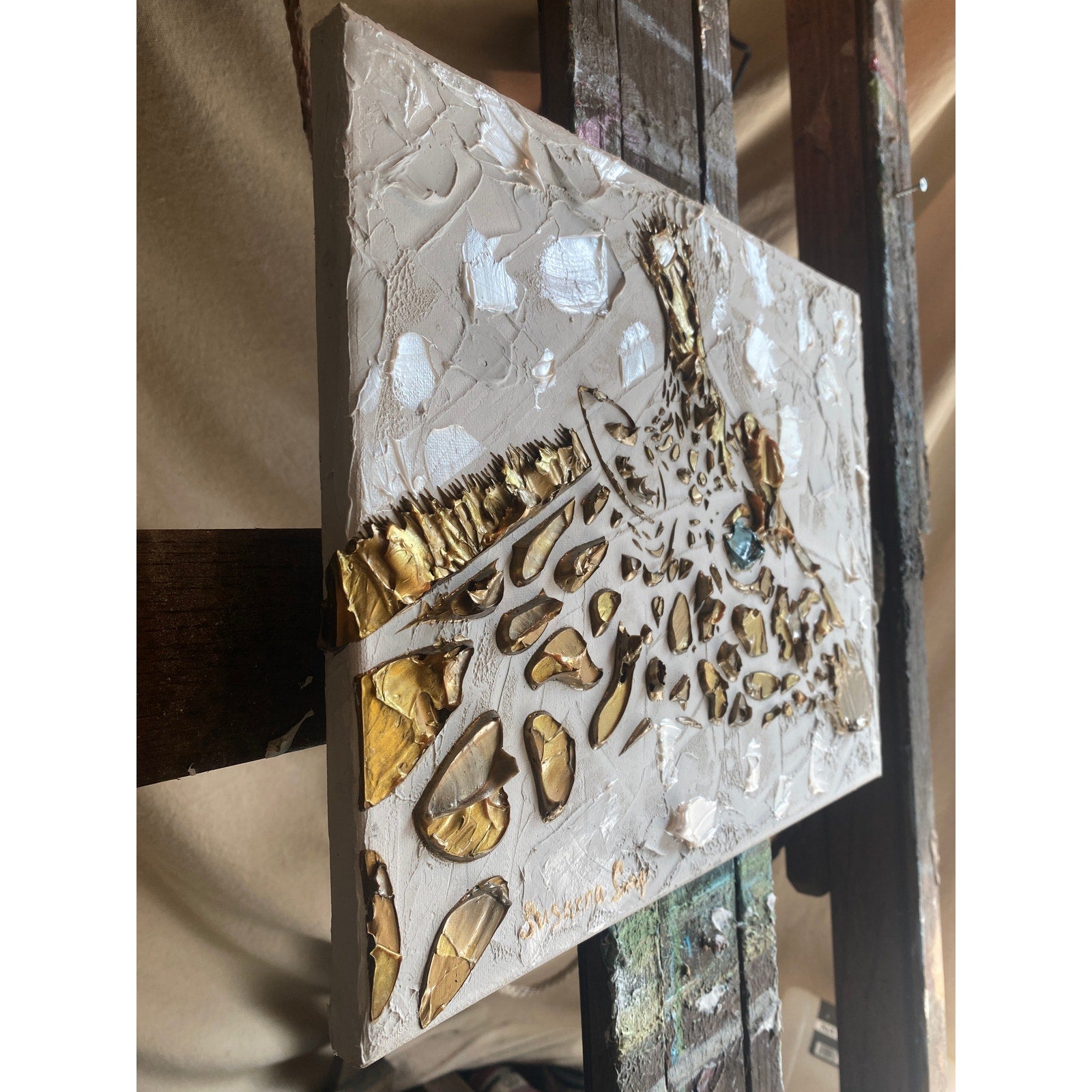 Giraffe, ORIGINAL Animal Art Abstract White & Gold Textured painting, Handmade Canvas wall art by Susanna Shap