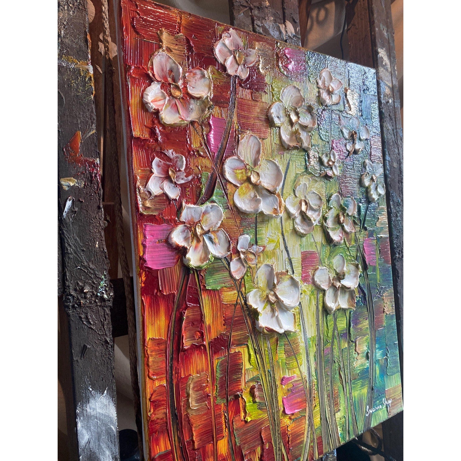 Original Abstract textured white flowers art, multicolored Palette Knife Impasto Painting: 18"x24" by Susanna Shap
