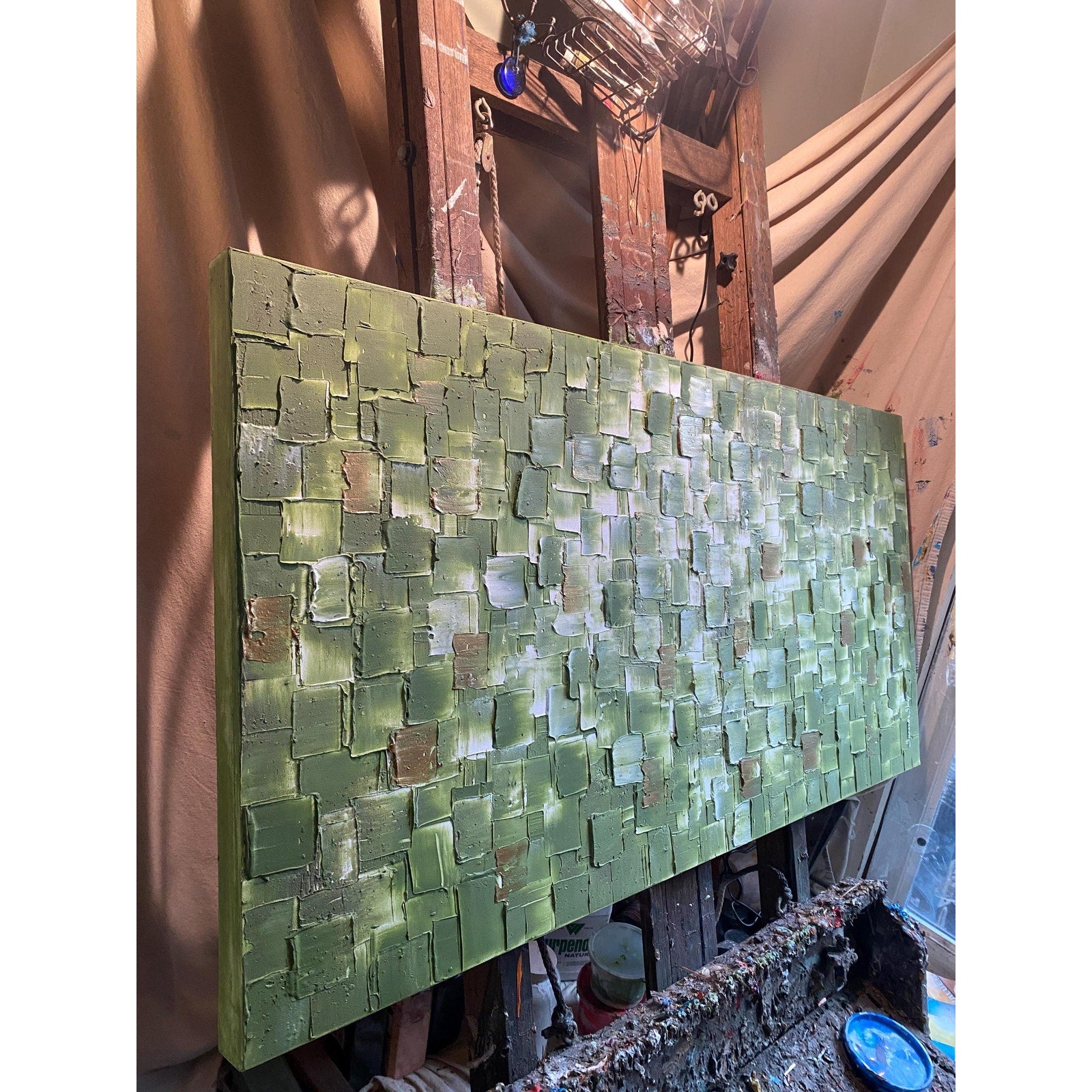 ORIGINAL Olive Green Large Abstract painting, Squares, Geometric Heavy Textured 48"x24" Palette knife Art- by Susanna Shap