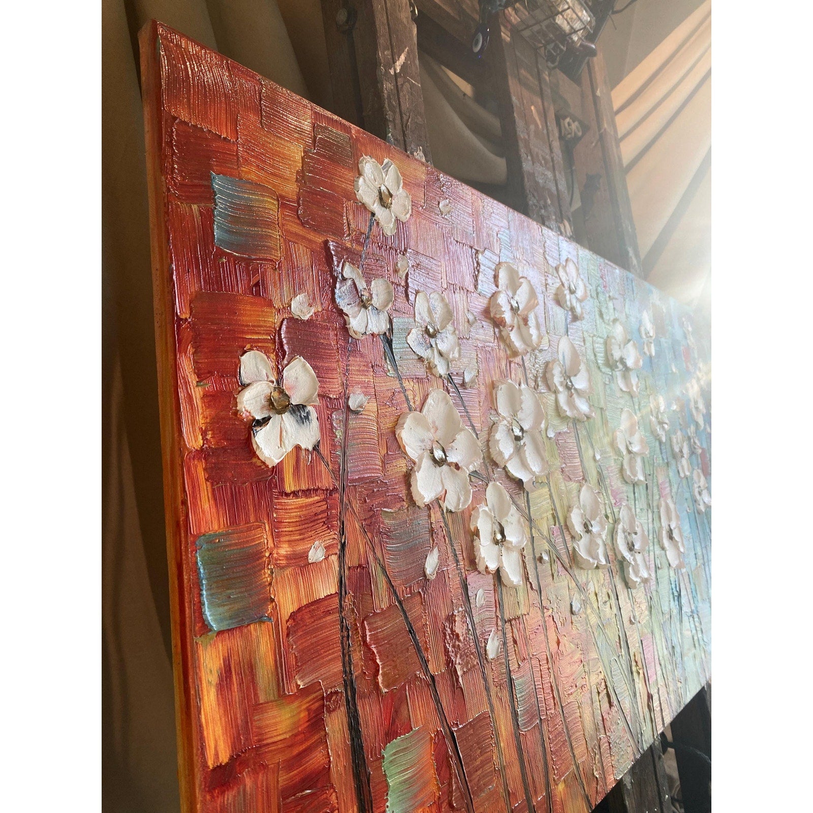 Original Large Abstract multicolored painting White Flowers, Textured Palette knife impasto Floral Fine Art (48"x24")