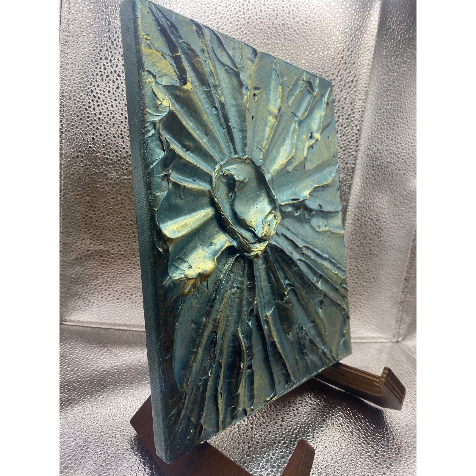 ORIGINAL Blue Gold Celestial Abstract Textured painting, Metallic Palette knife Impasto Art, Small 8" x 10"