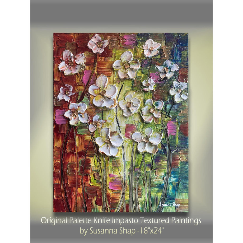 Original Abstract textured white flowers art, multicolored Palette Knife Impasto Painting: 18"x24" by Susanna Shap