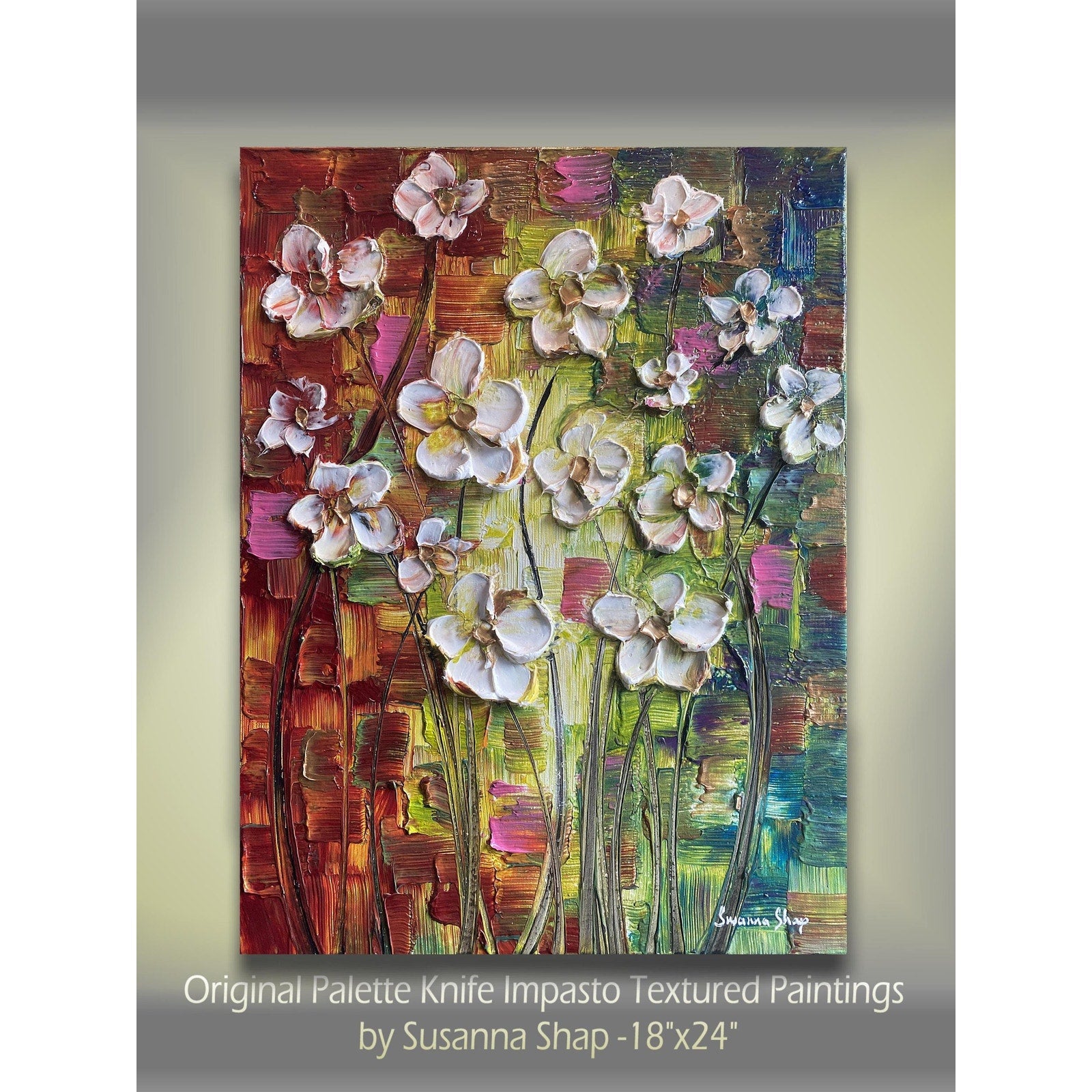 Original Abstract textured white flowers art, multicolored Palette Knife Impasto Painting: 18"x24" by Susanna Shap