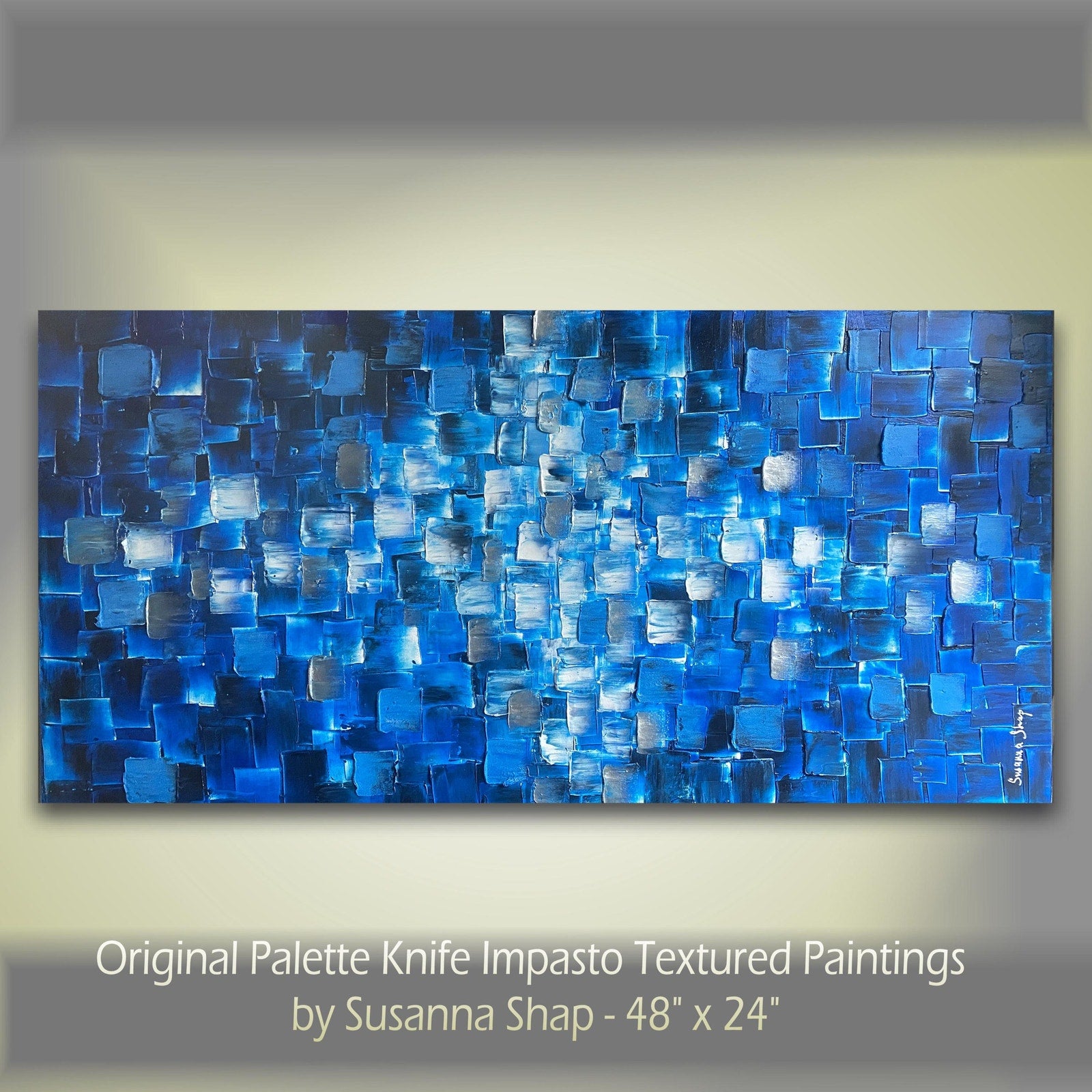ORIGINAL Black Blue tonal large abstract painting Textured Squares Geometric Palette knife Art 48"x24" - by Susanna Shap