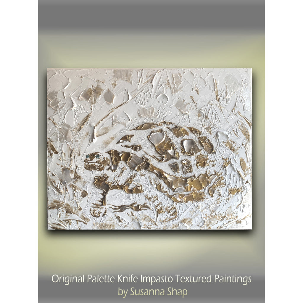 Turtle ORIGINAL Animal Art Abstract White & Gold Textured painting, Handmade Artwork Canvas wall art
