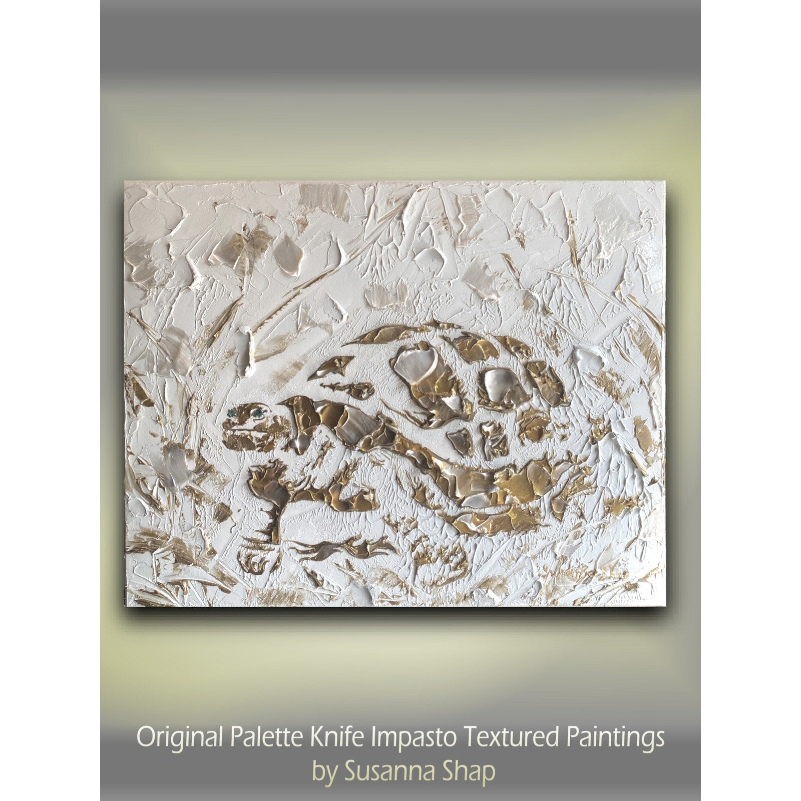 Turtle ORIGINAL Animal Art Abstract White & Gold Textured painting, Handmade Artwork Canvas wall art