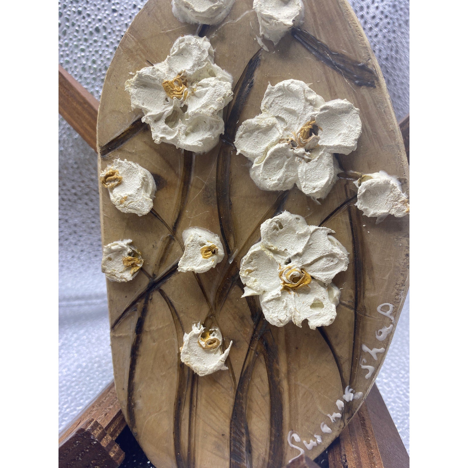 ORIGINAL Irregular organic shape Oval Miniature White flowers oil painting, Small Tactile Art on wood- by Susanna Shap