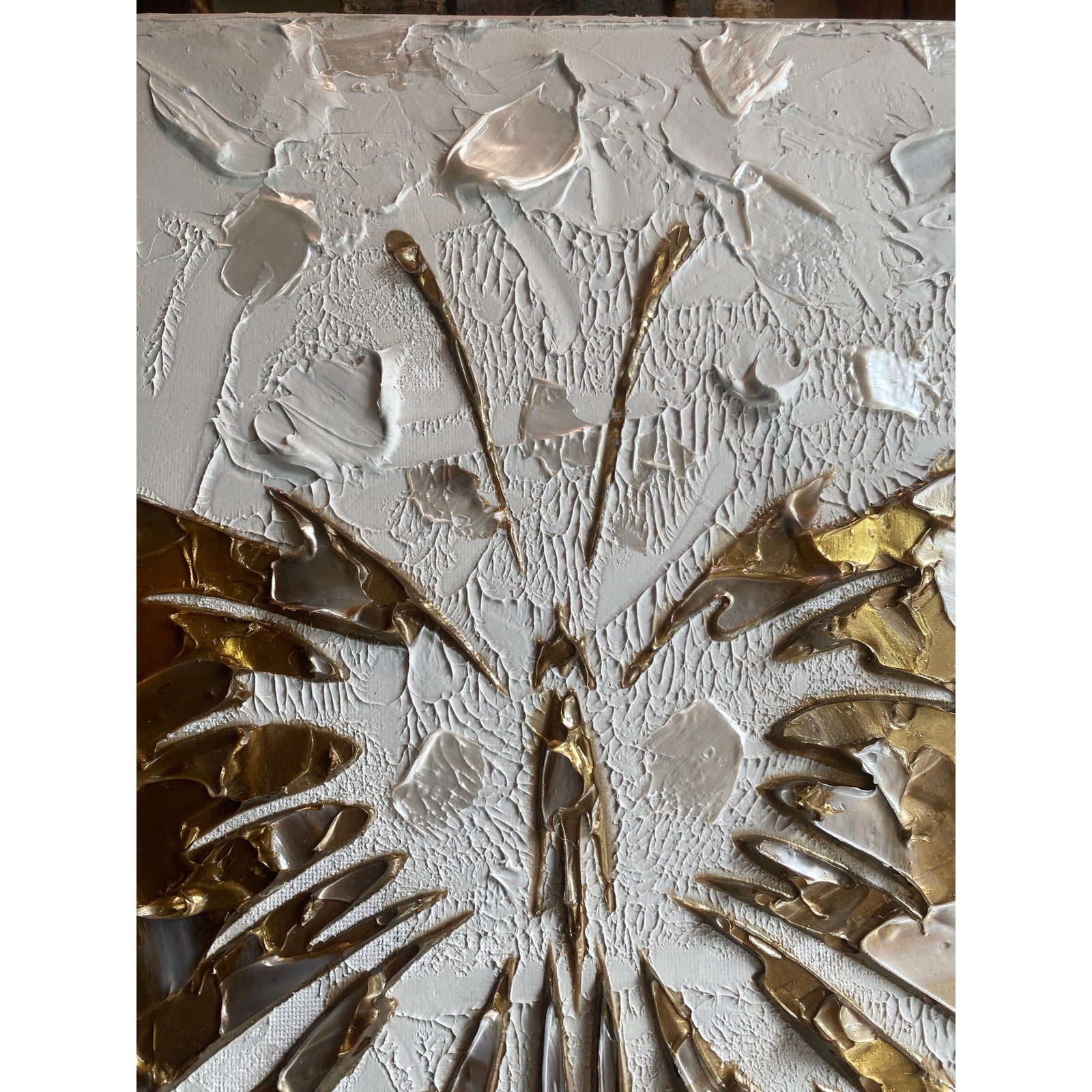 Butterfly Fairy ORIGINAL Art Abstract White & Gold Textured painting, HandMade Artwork Canvas wall art  16x20"