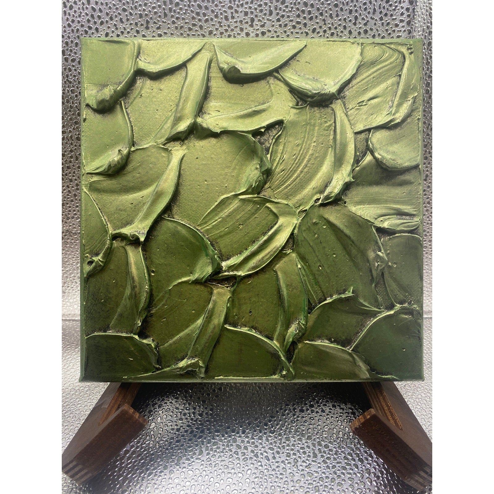 ORIGINAL Abstract Textured painting Metallic Citrine Green Textured painting, Palette knife Impasto Small 8" x 8"