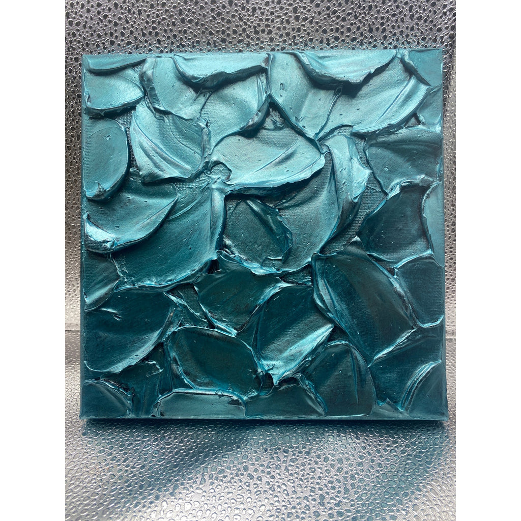 ORIGINAL Abstract Textured painting Metallic Aquamarine Blue, Palette knife Impasto Small 8" x 8"