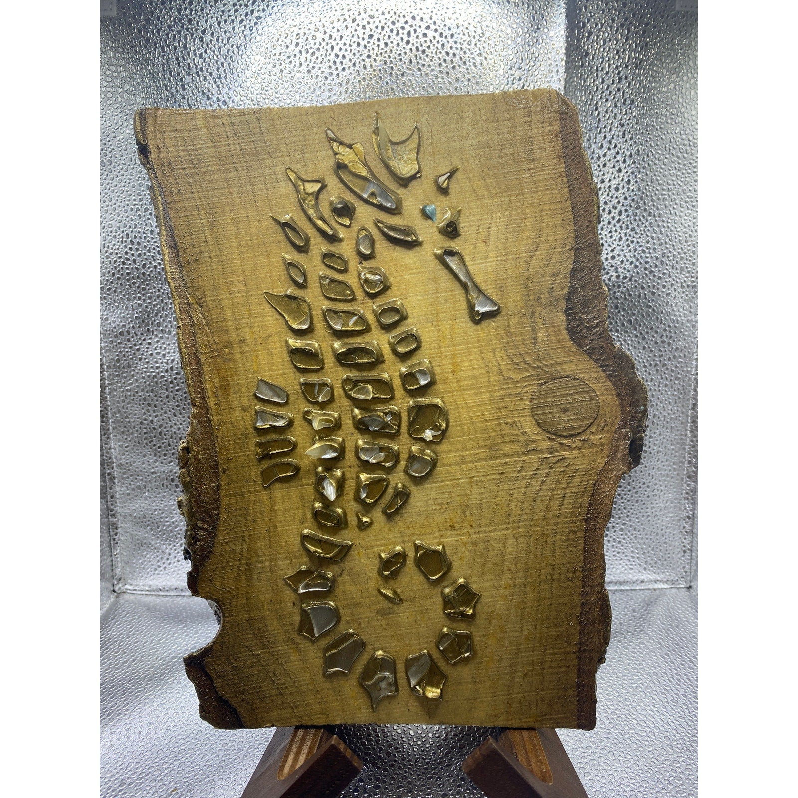 ORIGINAL Small Gold Seahorse painting, impasto tactile textured art on wood- by Susanna Shap