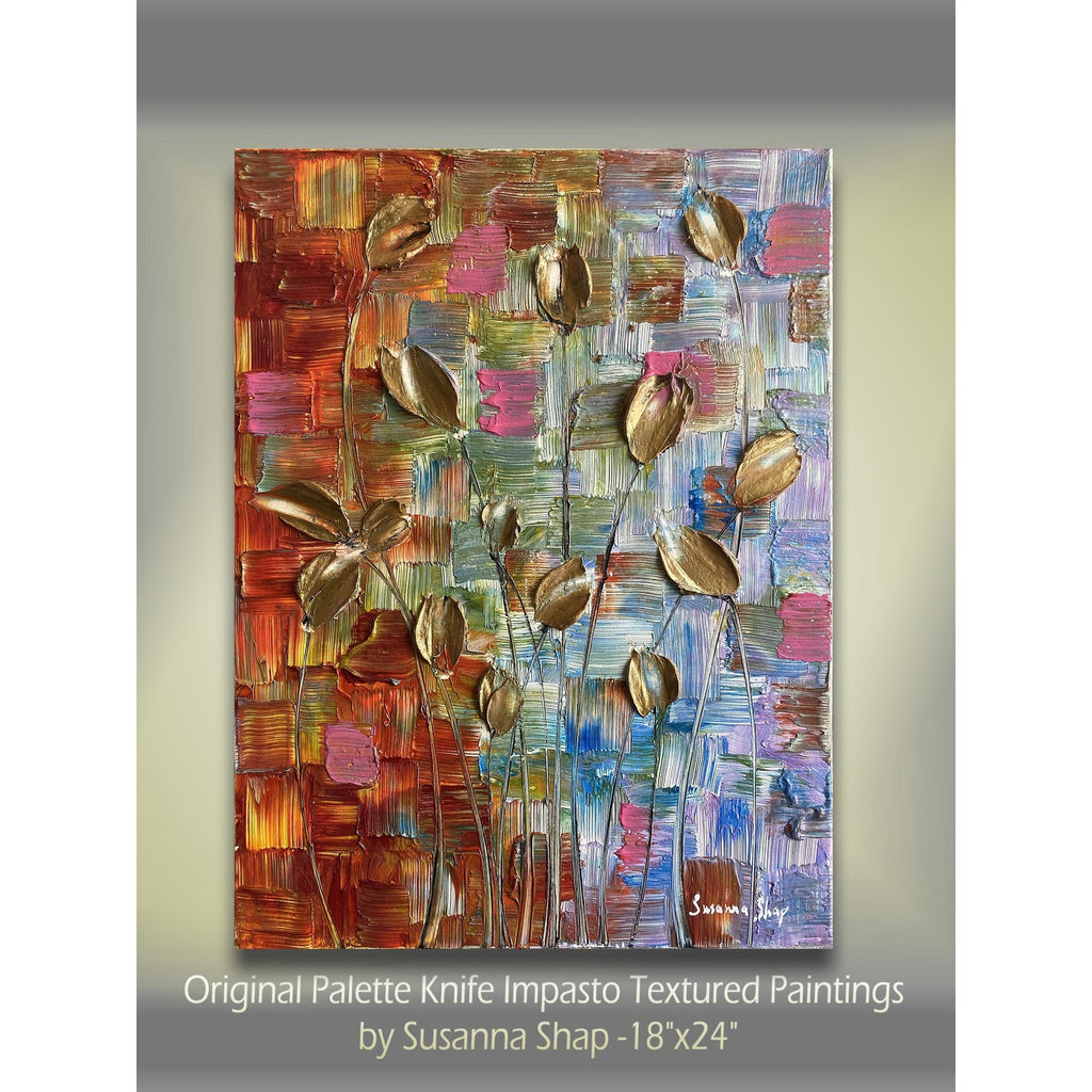 Original Gold Tulips Painting: Abstract Flowers, Textured Palette Knife Impasto Art