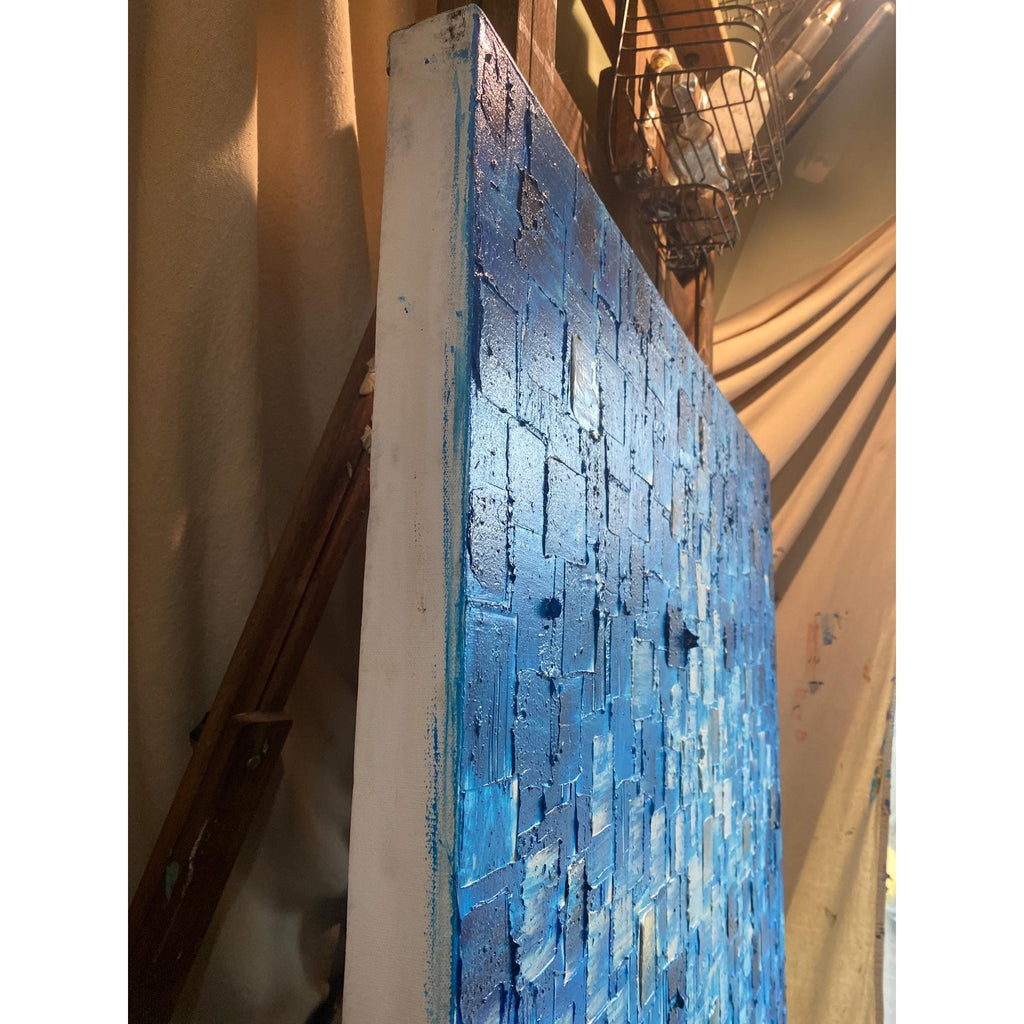 ORIGINAL Blue Large Abstract painting Minimalist Squares Geometric Heavy Textured 36"x36" Palette knife Art- by Susanna Shap