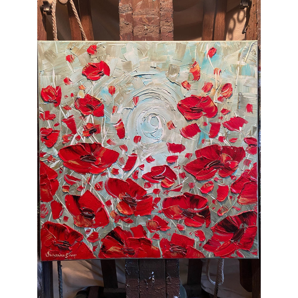 red poppies ORIGINAL abstract floral oil painting flowers landscape impasto Texture Palette knife Wall Art 20x20" Susanna Shap