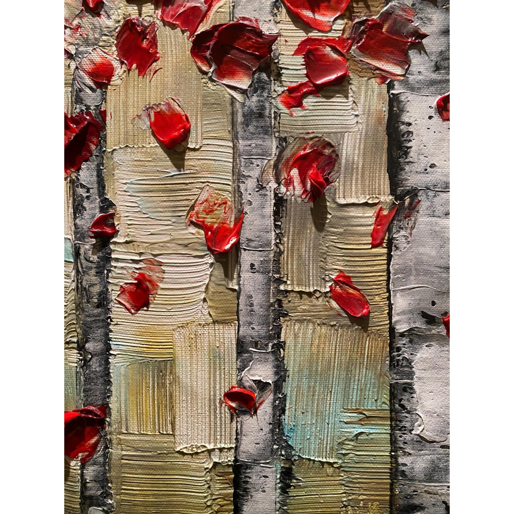 Red Birch Trees Impasto Painting, Textured Landscape Art (36x24")