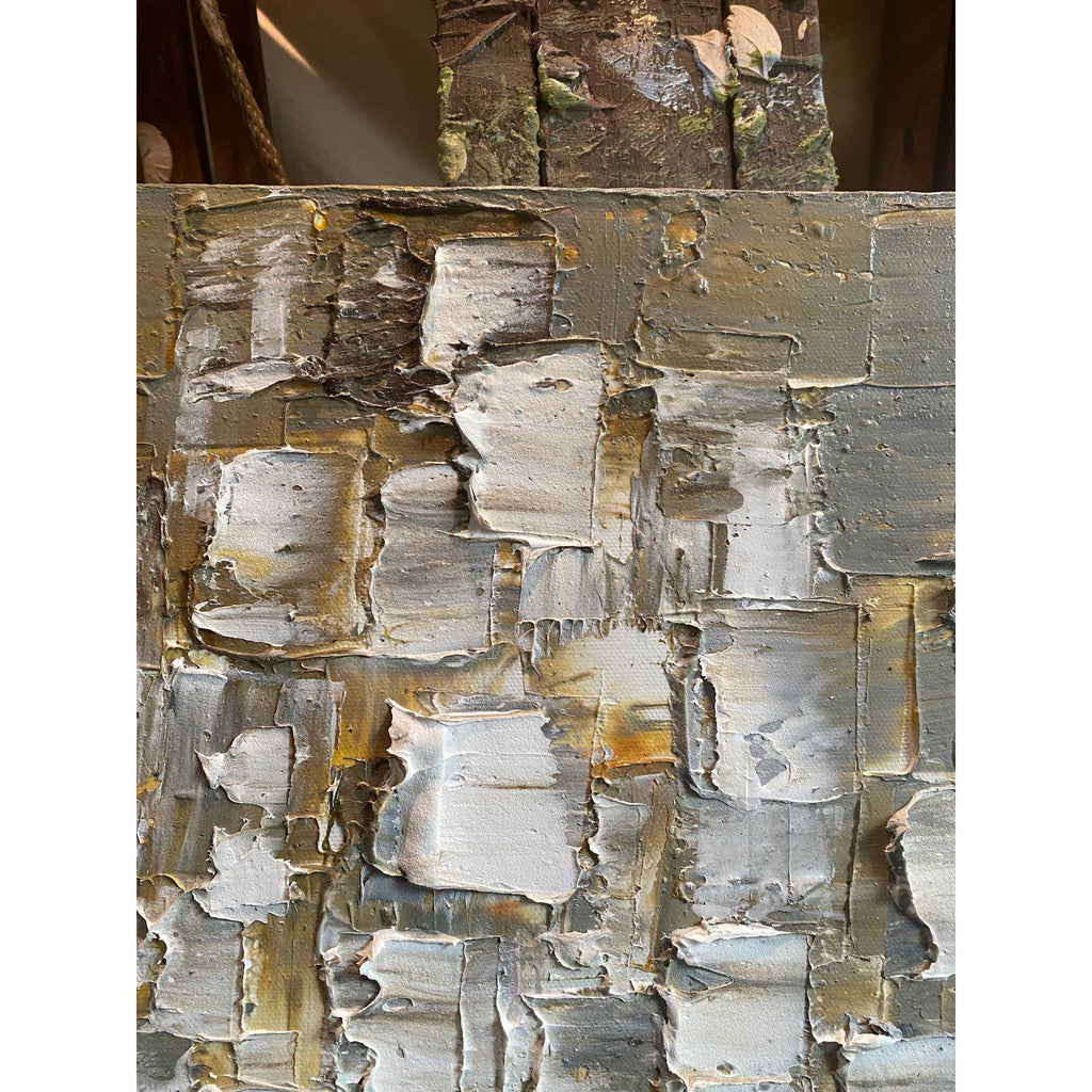 ORIGINAL Heavy Textured Large Abstract Minimalist painting Neutral Beige Gray Squares Geometric 60"x20" Palette knife Art- by Susanna Shap