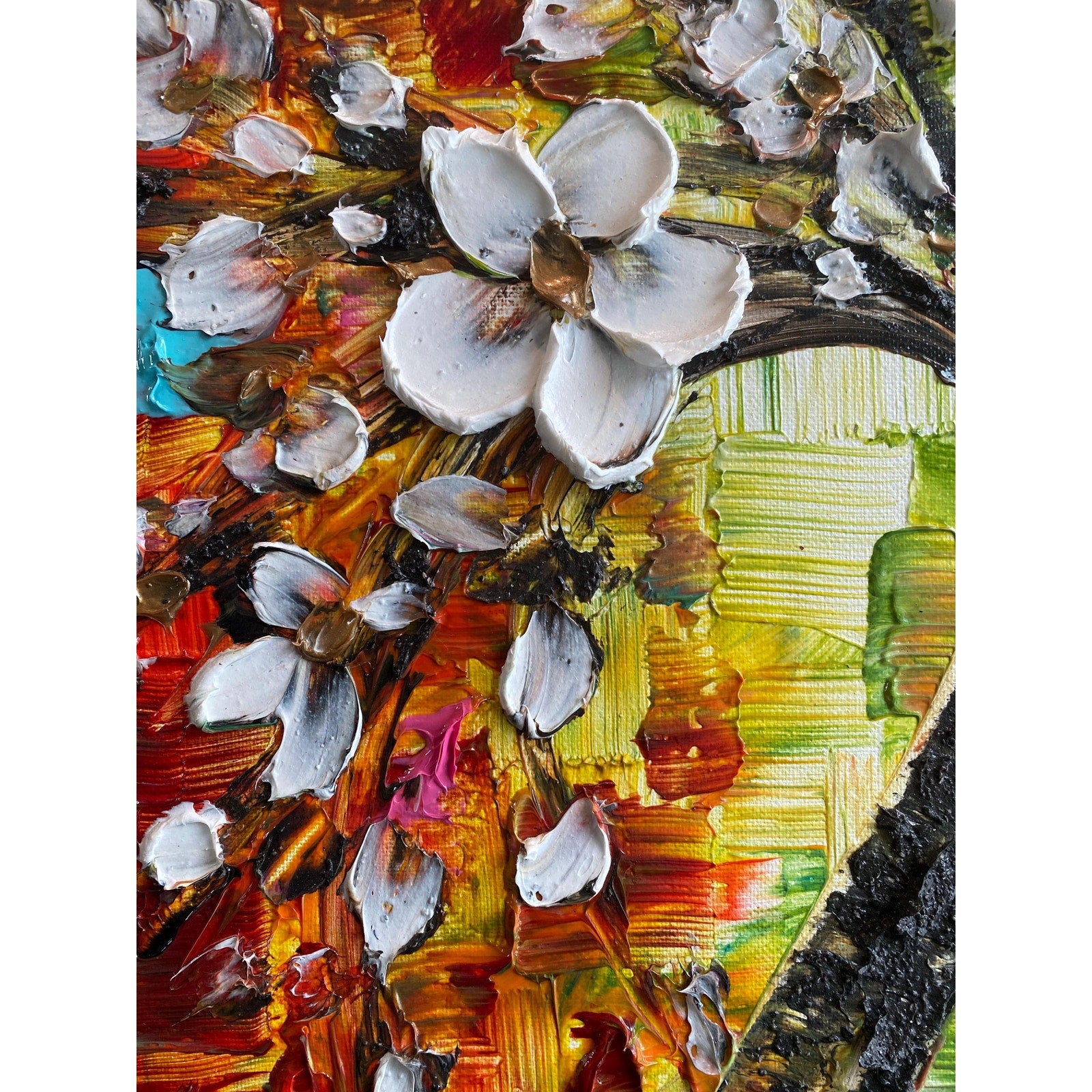 Original Palette Knife Cherry Blossom Painting, Textured Impasto Art (18"x24")