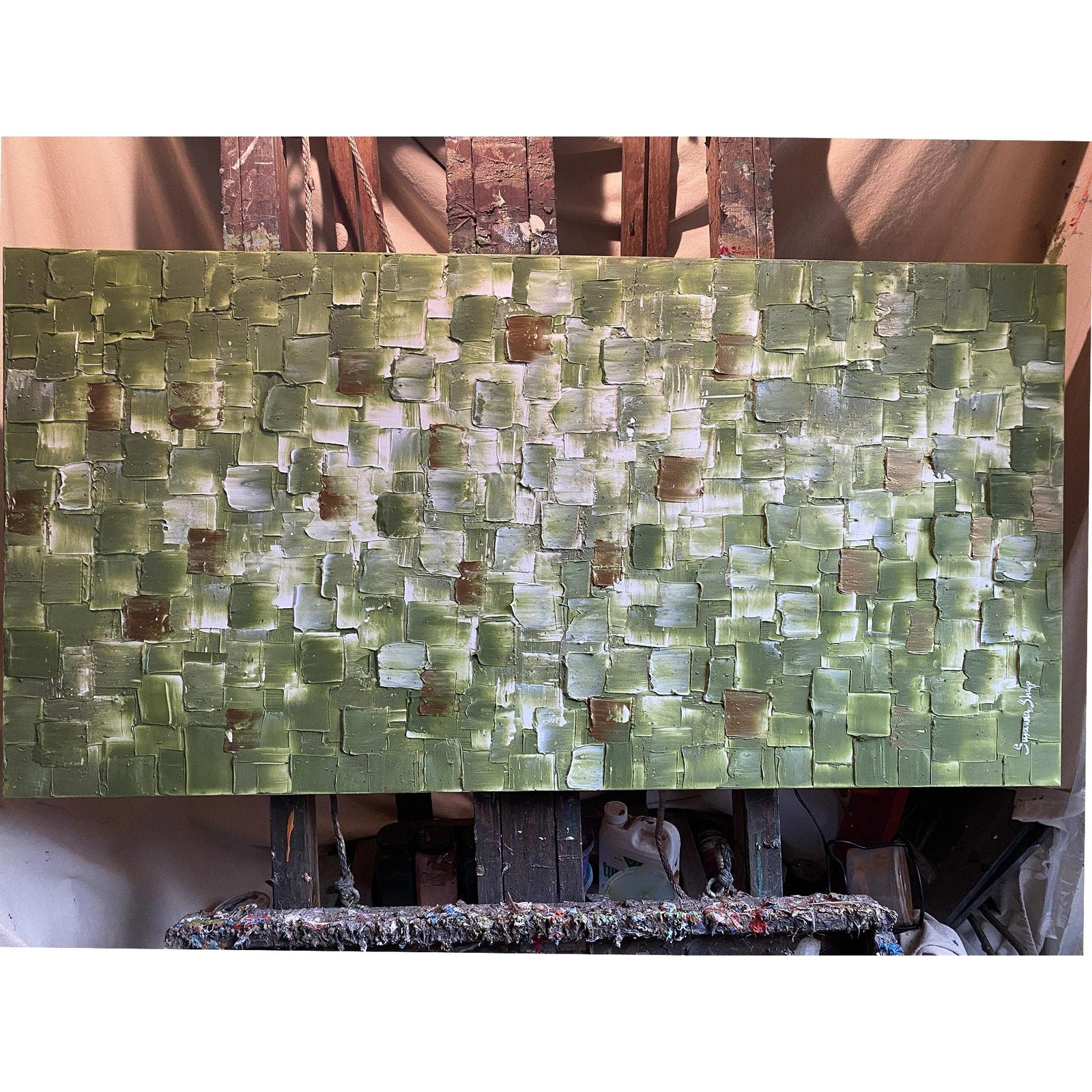 ORIGINAL Olive Green Large Abstract painting, Squares, Geometric Heavy Textured 48"x24" Palette knife Art- by Susanna Shap