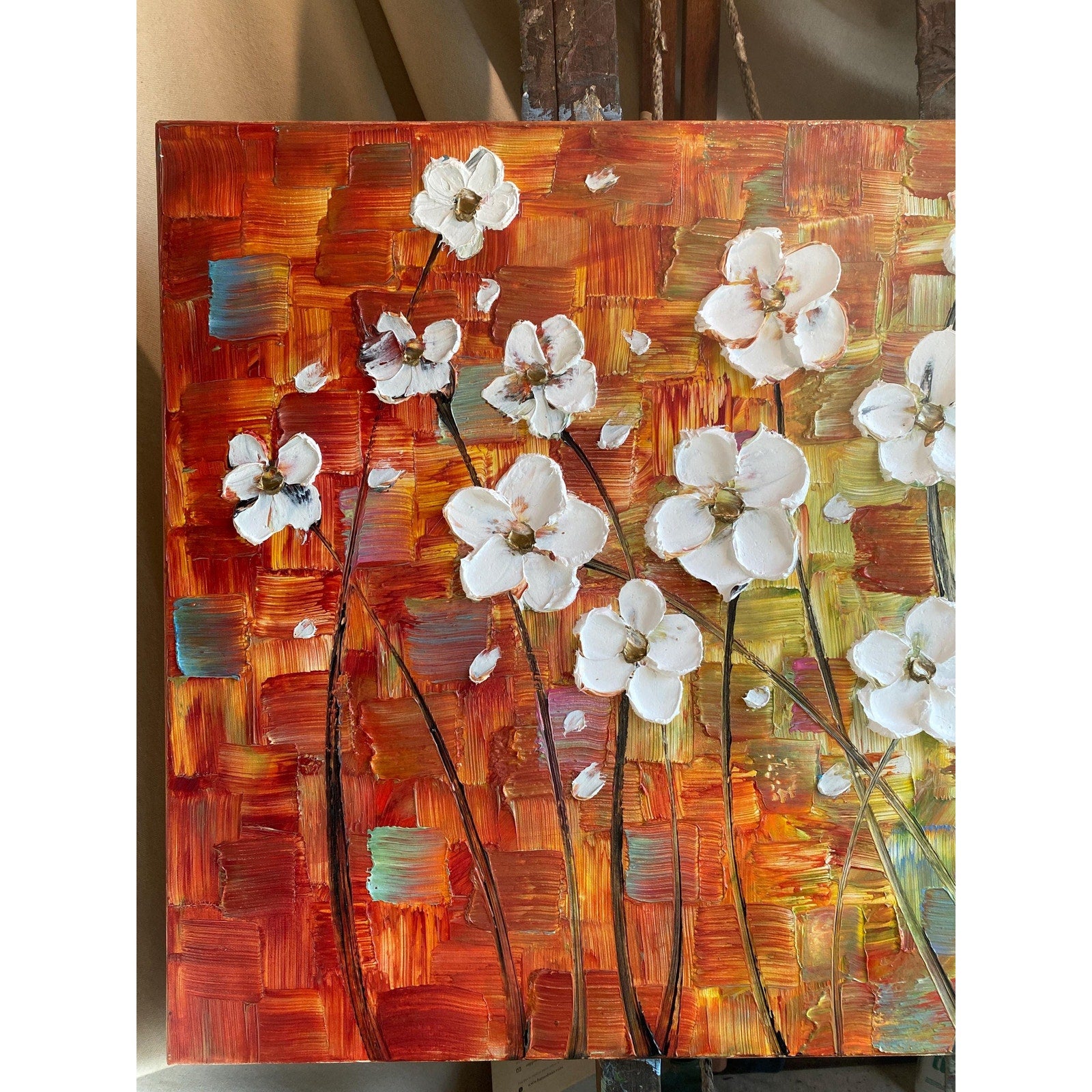 Original Large Abstract multicolored painting White Flowers, Textured Palette knife impasto Floral Fine Art (48"x24")
