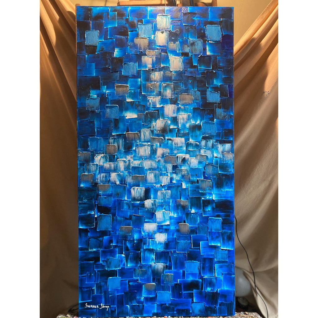 ORIGINAL Black Blue tonal large abstract painting Textured Squares Geometric Palette knife Art 48"x24" - by Susanna Shap