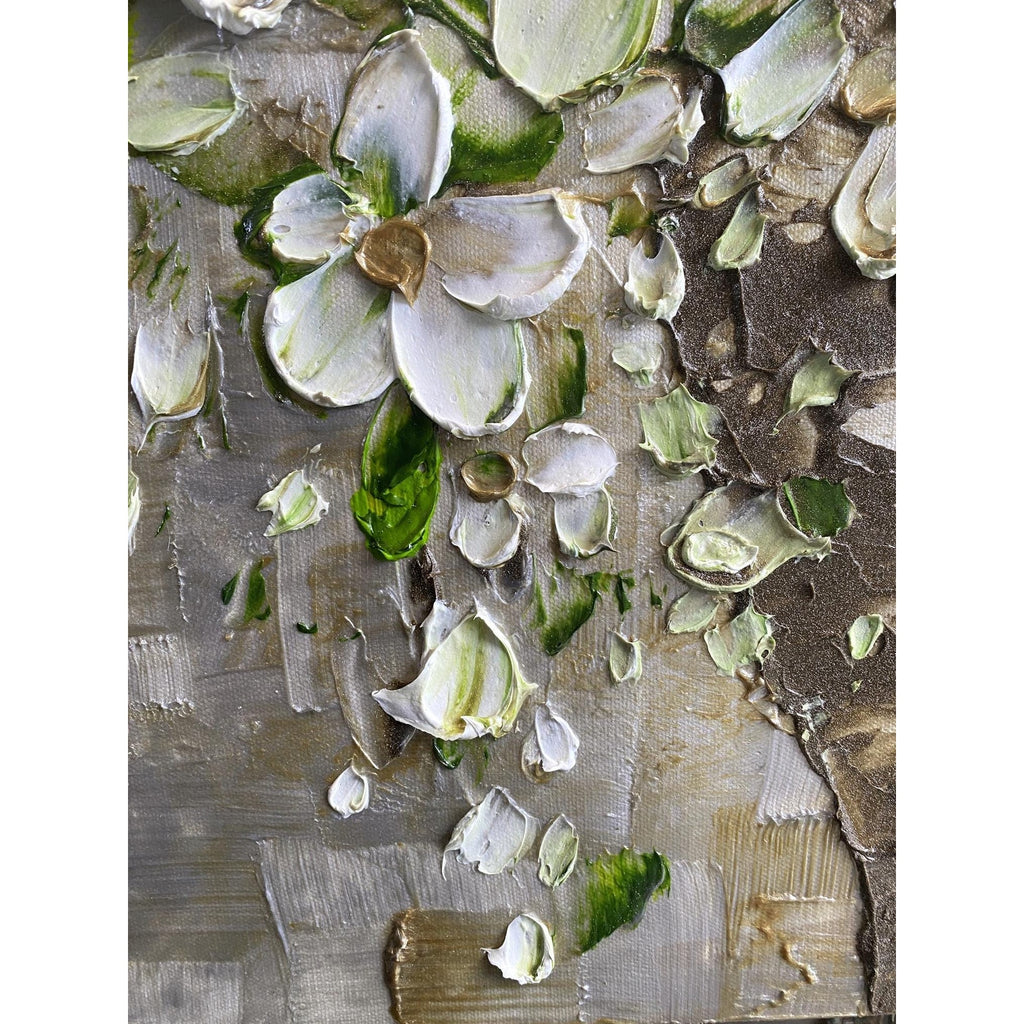 Original White Blossom Flowers Bouquet in vase floral still life Textured Impasto Painting, Palette Knife Fine Art (24"x36")