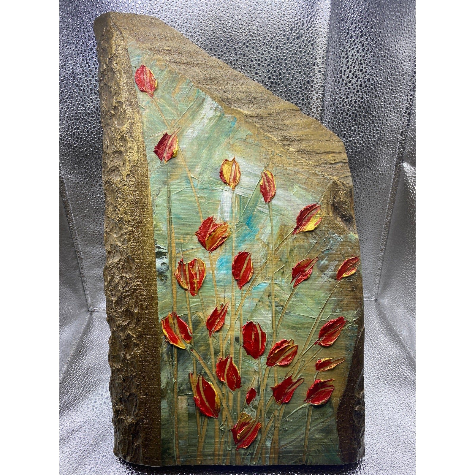 ORIGINAL Tulips Small Floral landscape oil painting, palette knife textured tactile impasto on wood- by Susanna Shap