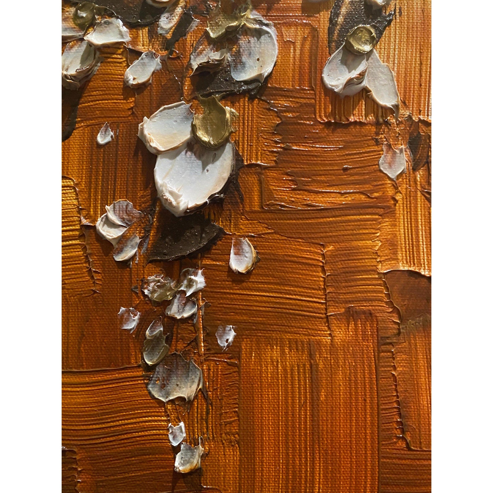 Original textured abstract tree painting, brown and white Cherry Blossom Impasto , Palette Knife impasto fine Art (36x24")