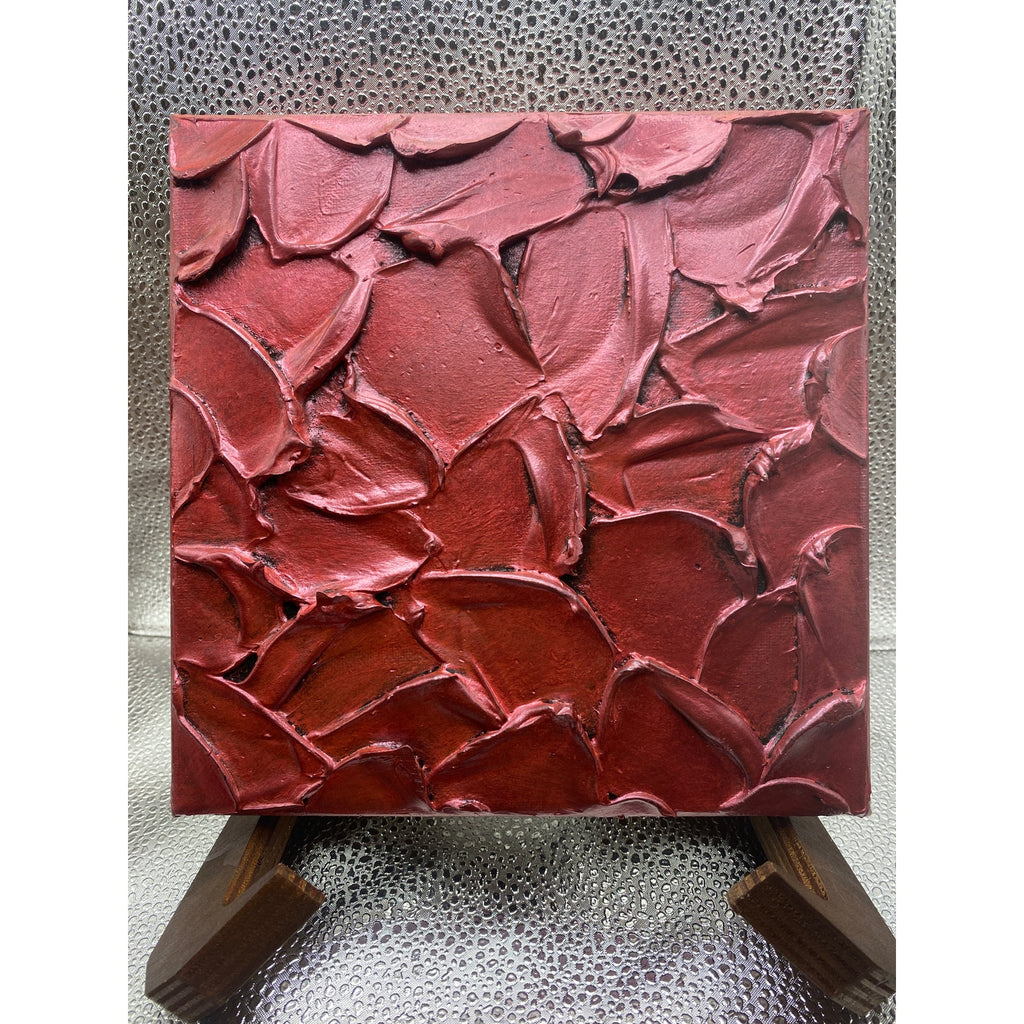 ORIGINAL Abstract Textured painting Metallic Ruby Red, Palette knife Impasto Small 8" x 8"