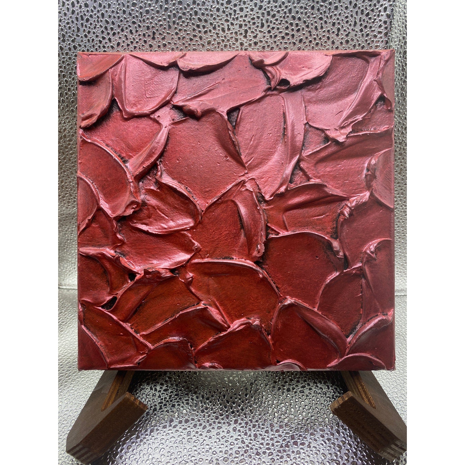 ORIGINAL Abstract Textured painting Metallic Ruby Red, Palette knife Impasto Small 8" x 8"