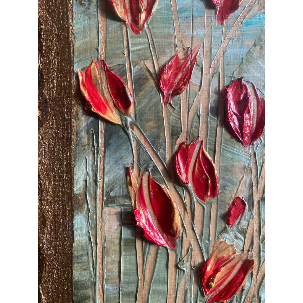 ORIGINAL Tulips Small Floral landscape oil painting, palette knife textured tactile impasto on wood- by Susanna Shap