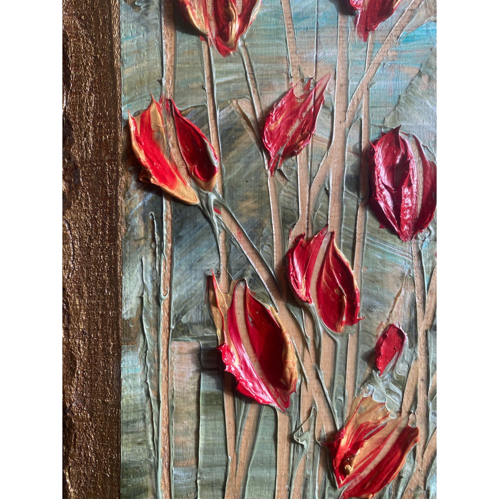 ORIGINAL Tulips Small Floral landscape oil painting, palette knife textured tactile impasto on wood- by Susanna Shap