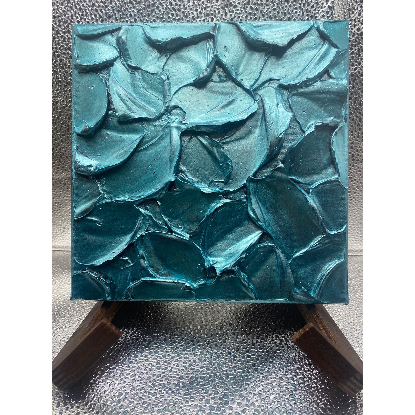 ORIGINAL Abstract Textured painting Metallic Aquamarine Blue, Palette knife Impasto Small 8" x 8"