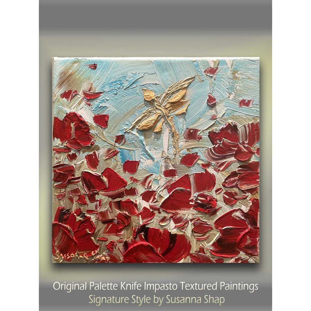 ORIGINAL small oil painting of dragonfly and red poppy flowers landscape on canvas Textured Palette knife art 8x8” by Susanna Shap