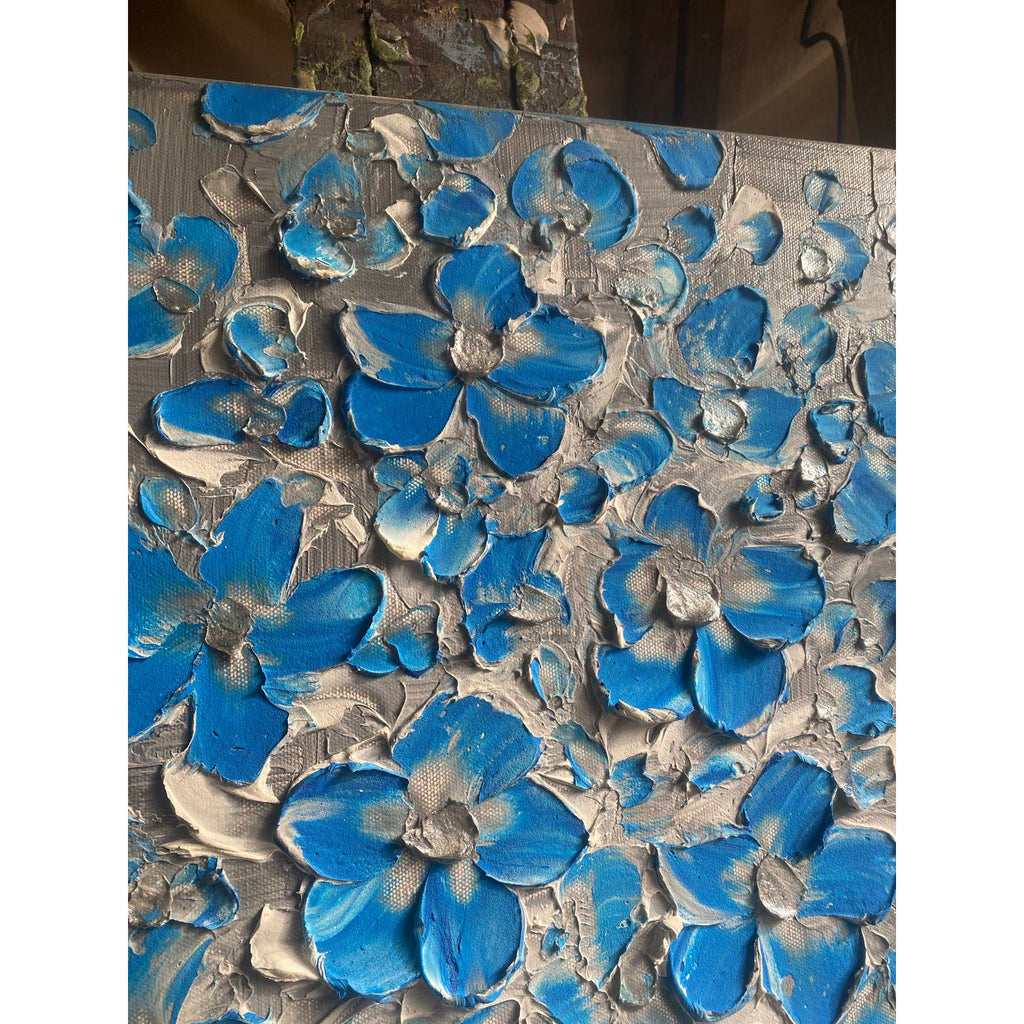 Original Blue flowers Painting Impasto still life bouquet in vase Textured palette knife Floral Art (24x36)