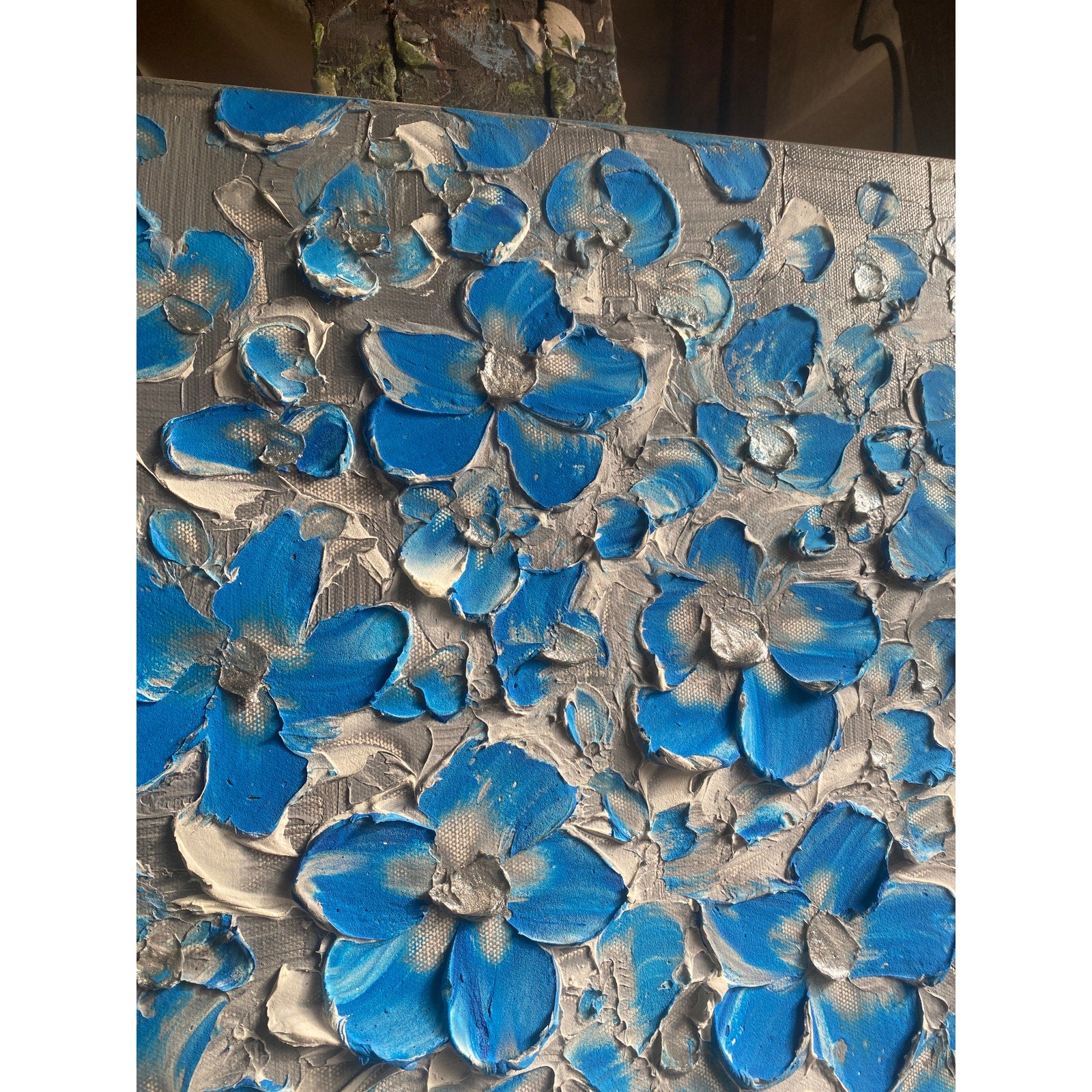 Original Blue flowers Painting Impasto still life bouquet in vase Textured palette knife Floral Art (24x36)