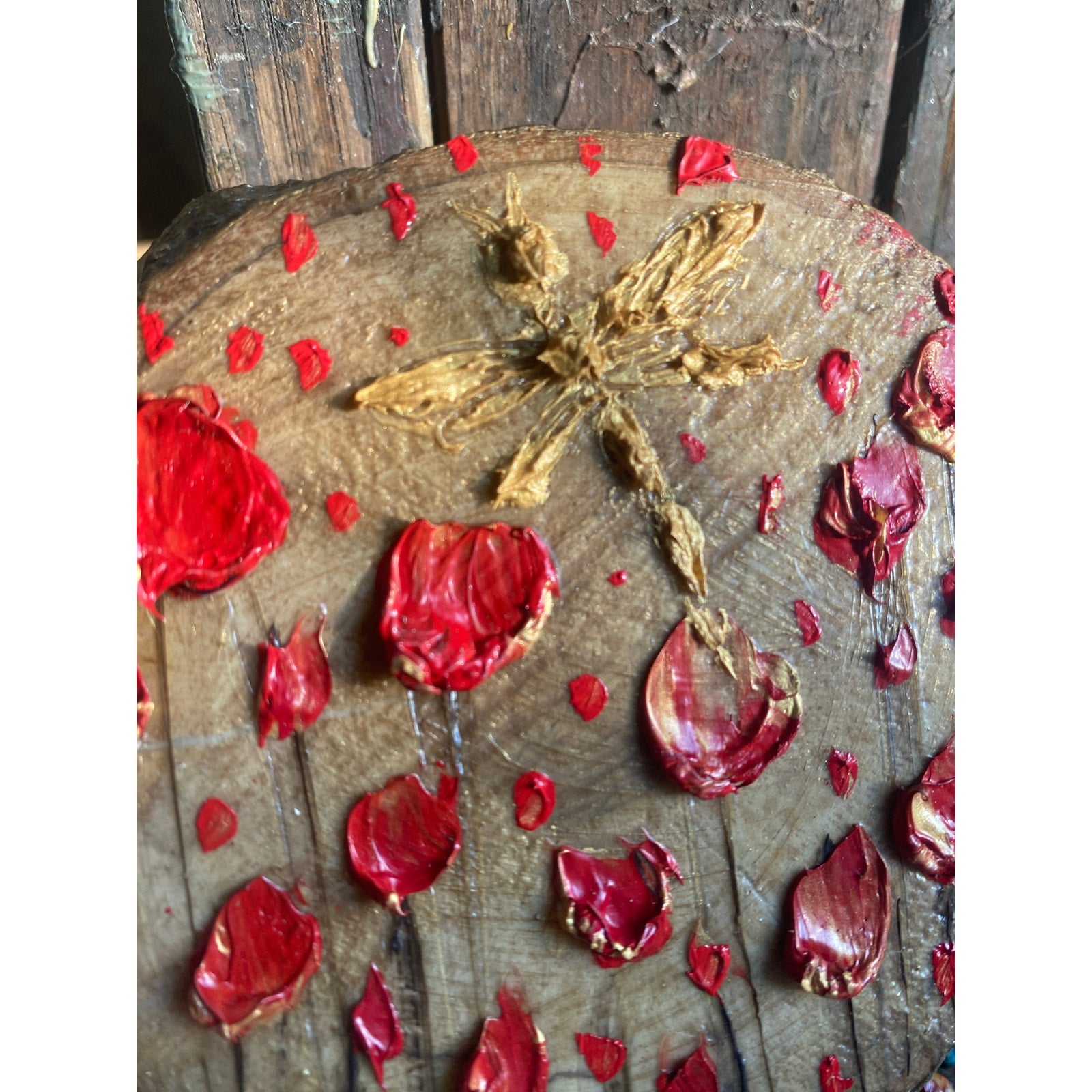 ORIGINAL miniature Tactile Art Abstract Dragonfly Flowers oil painting on wood