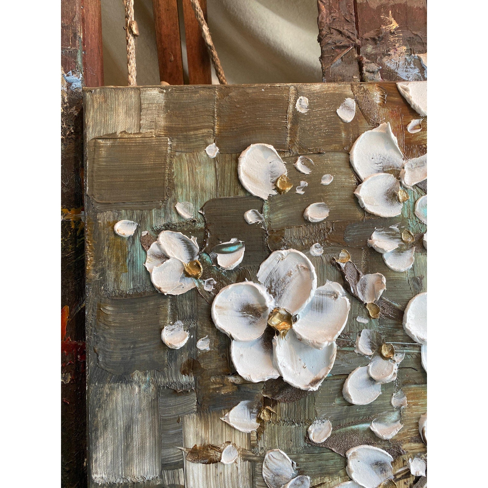 Textured Original White Cherry Blossom Palette Knife Impasto Painting (24x24")