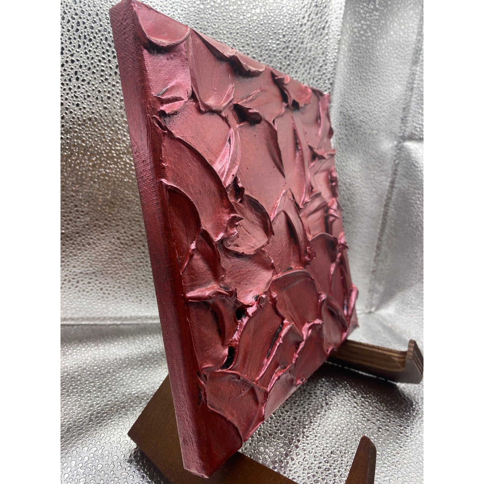 ORIGINAL Abstract Textured painting Metallic Ruby Red, Palette knife Impasto Small 8" x 8"