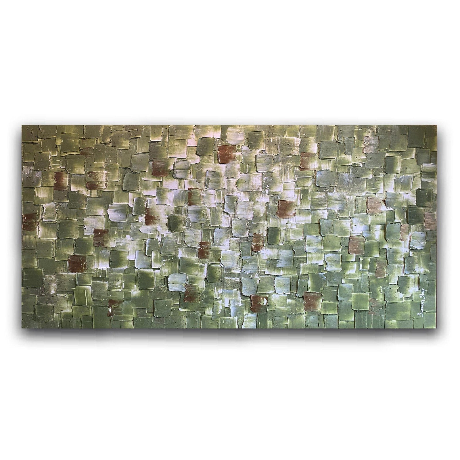 ORIGINAL Olive Green Large Abstract painting, Squares, Geometric Heavy Textured 48"x24" Palette knife Art- by Susanna Shap