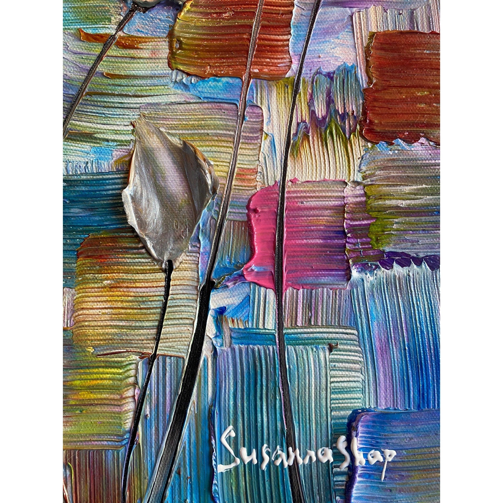 Original Silver Tulips Impasto Painting, Palette Knife Textured Art (20"x20")