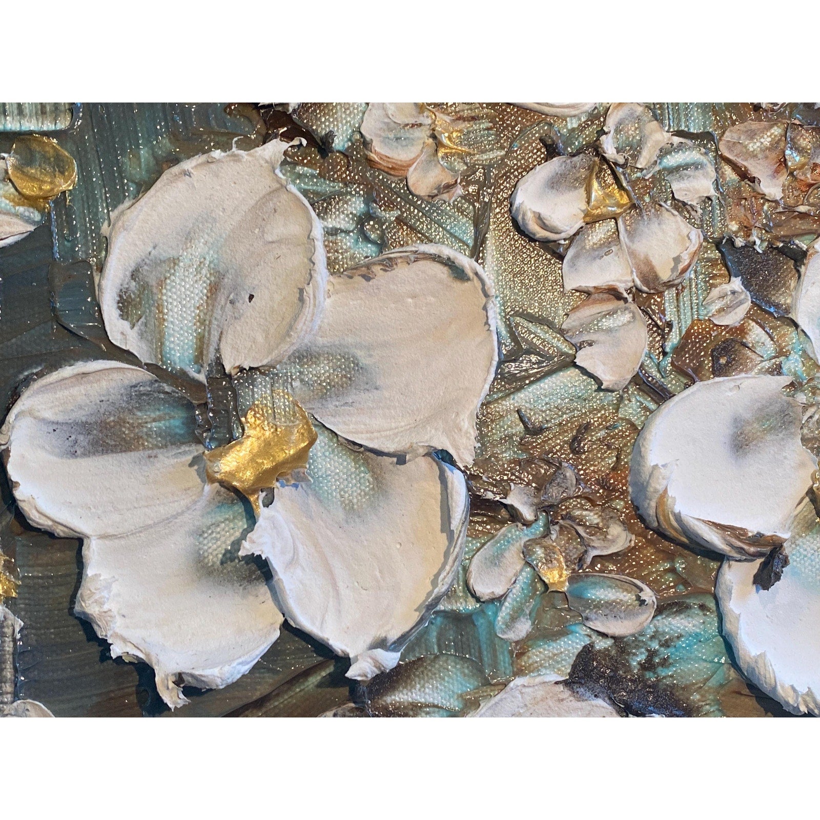 Abstract Heavy Textured White Flower Blossoms Bouquet, Still life Original Painting on Canvas, Impasto palette knife Art 24”x24”