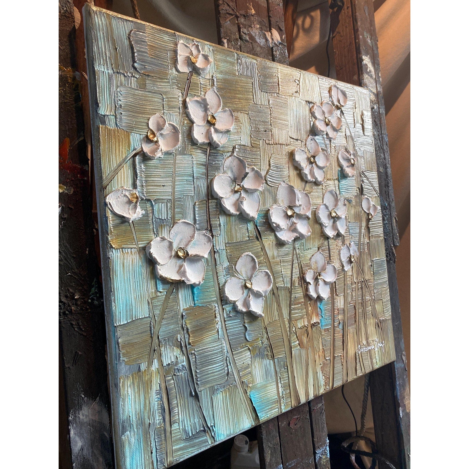 Original Abstract White Textured Flowers Impasto Painting: Palette Knife Fine Art (20"x20")