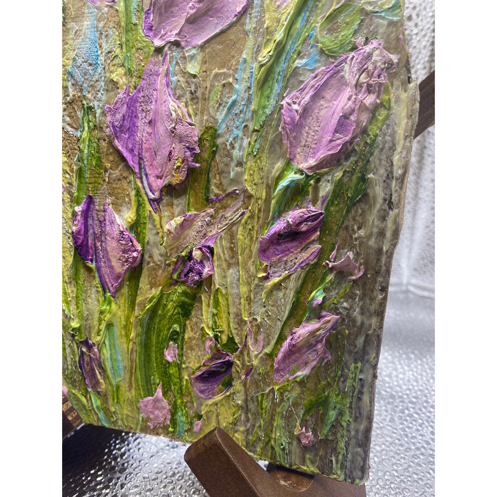 ORIGINAL Purple tulips Small Floral landscape oil painting, Textured Abstract Tactile Art on wood