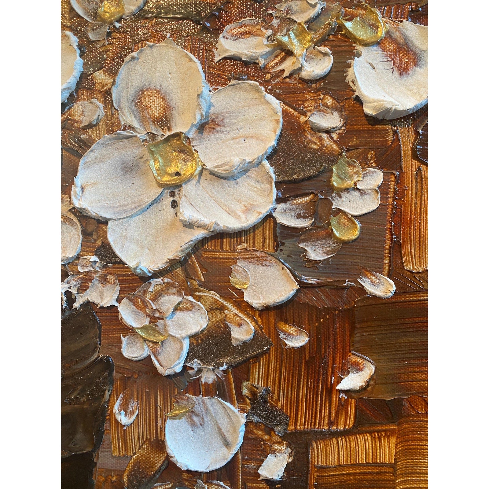 Abstract Heavy Textured White Flower Blossoms Bouquet, Still life Original Painting on Canvas, Impasto palette knife Art 24”x24”