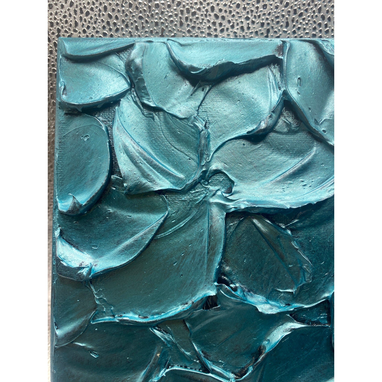 ORIGINAL Abstract Textured painting Metallic Aquamarine Blue, Palette knife Impasto Small 8" x 8"