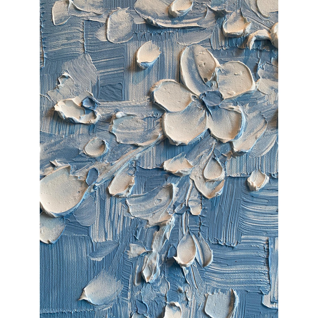 Wedgewood Blue Original Palette Knife Impasto Painting: White Cherry Blossoms tree (24"x24")