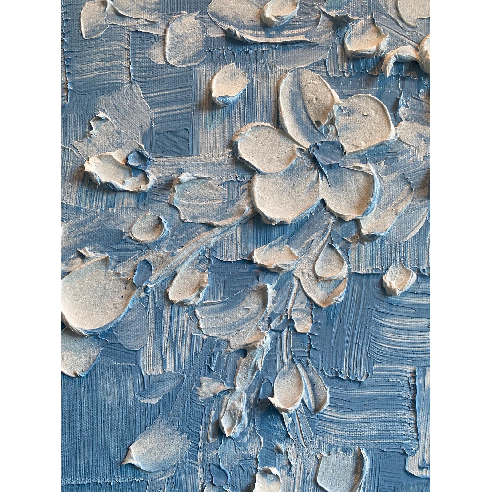 Wedgewood Blue Original Palette Knife Impasto Painting: White Cherry Blossoms tree (24"x24")