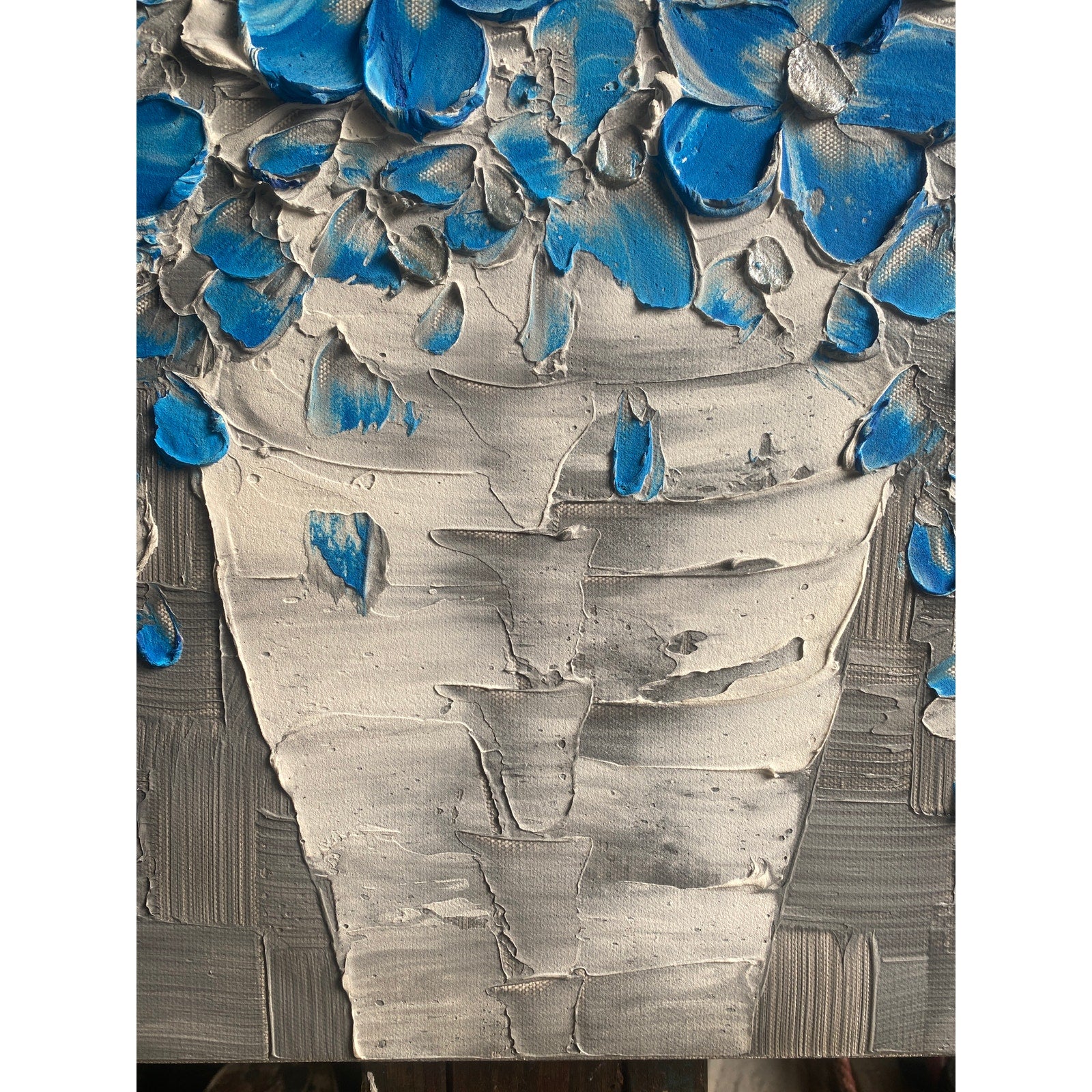 Original Blue flowers Painting Impasto still life bouquet in vase Textured palette knife Floral Art (24x36)